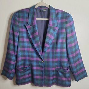 Chic Petite 10 Purple & Blue Plaid Checkered Blazer